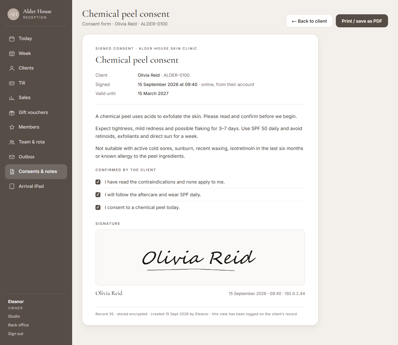 A signed chemical peel consent with the client’s signature, validity and audit facts