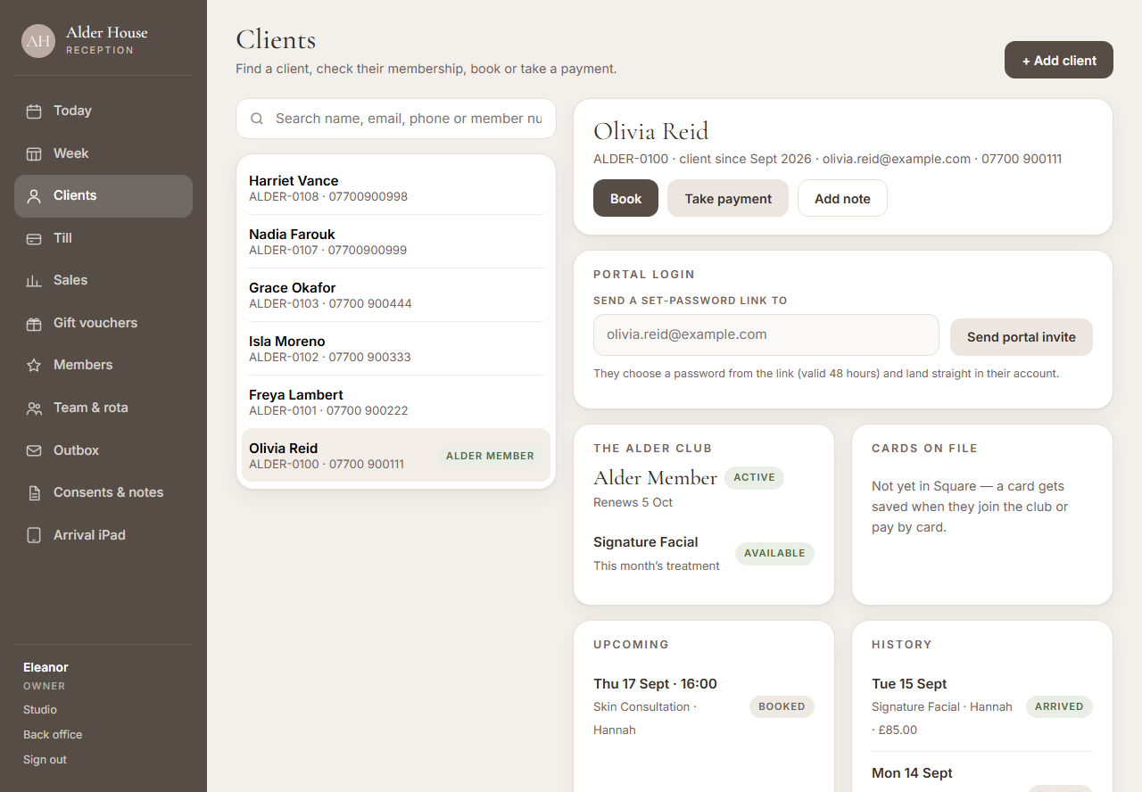 A client record at the demo clinic: membership, portal login, upcoming visits and history