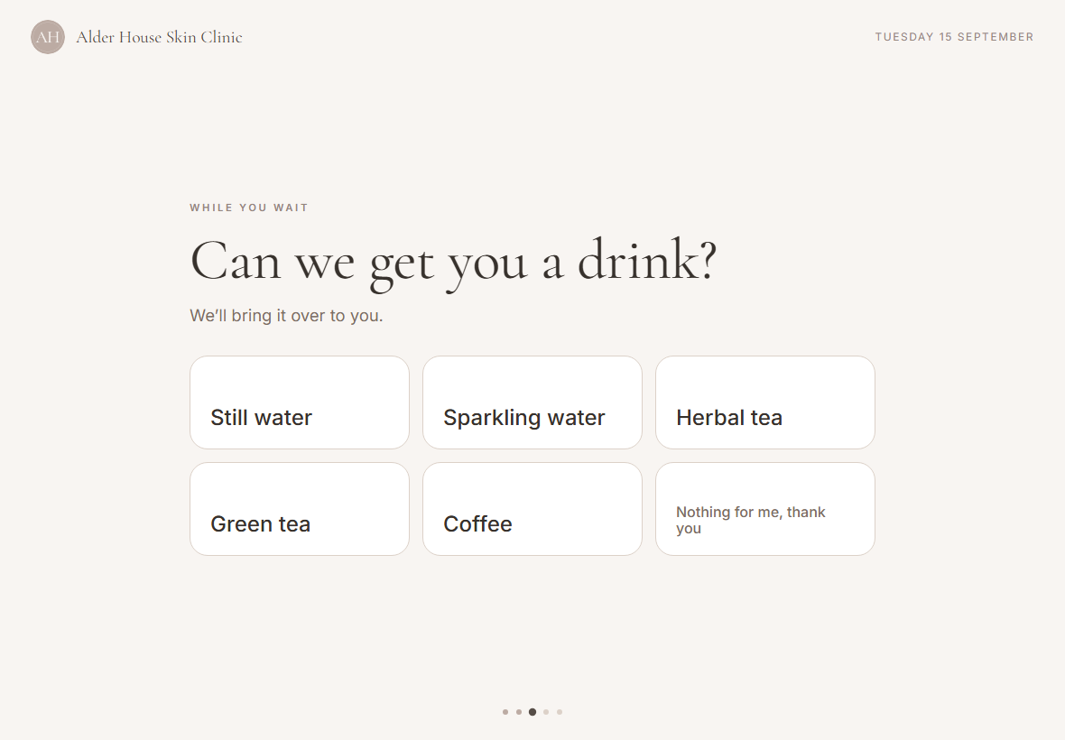 Arrival iPad asking which drink the client would like