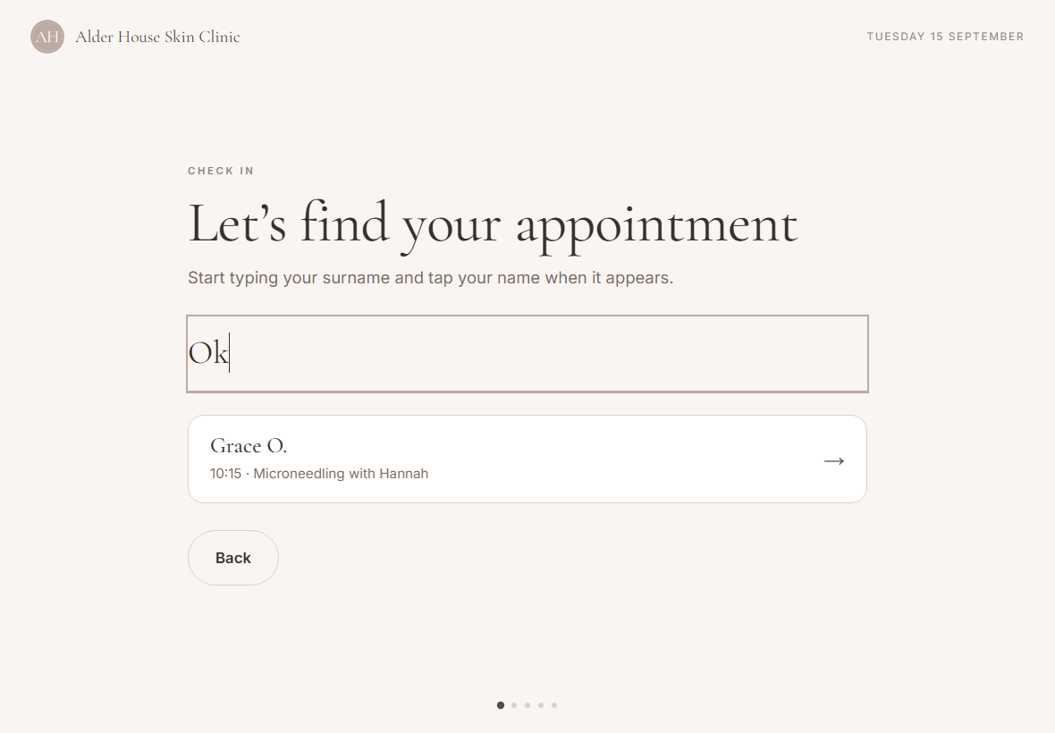 Arrival iPad: finding the client by surname