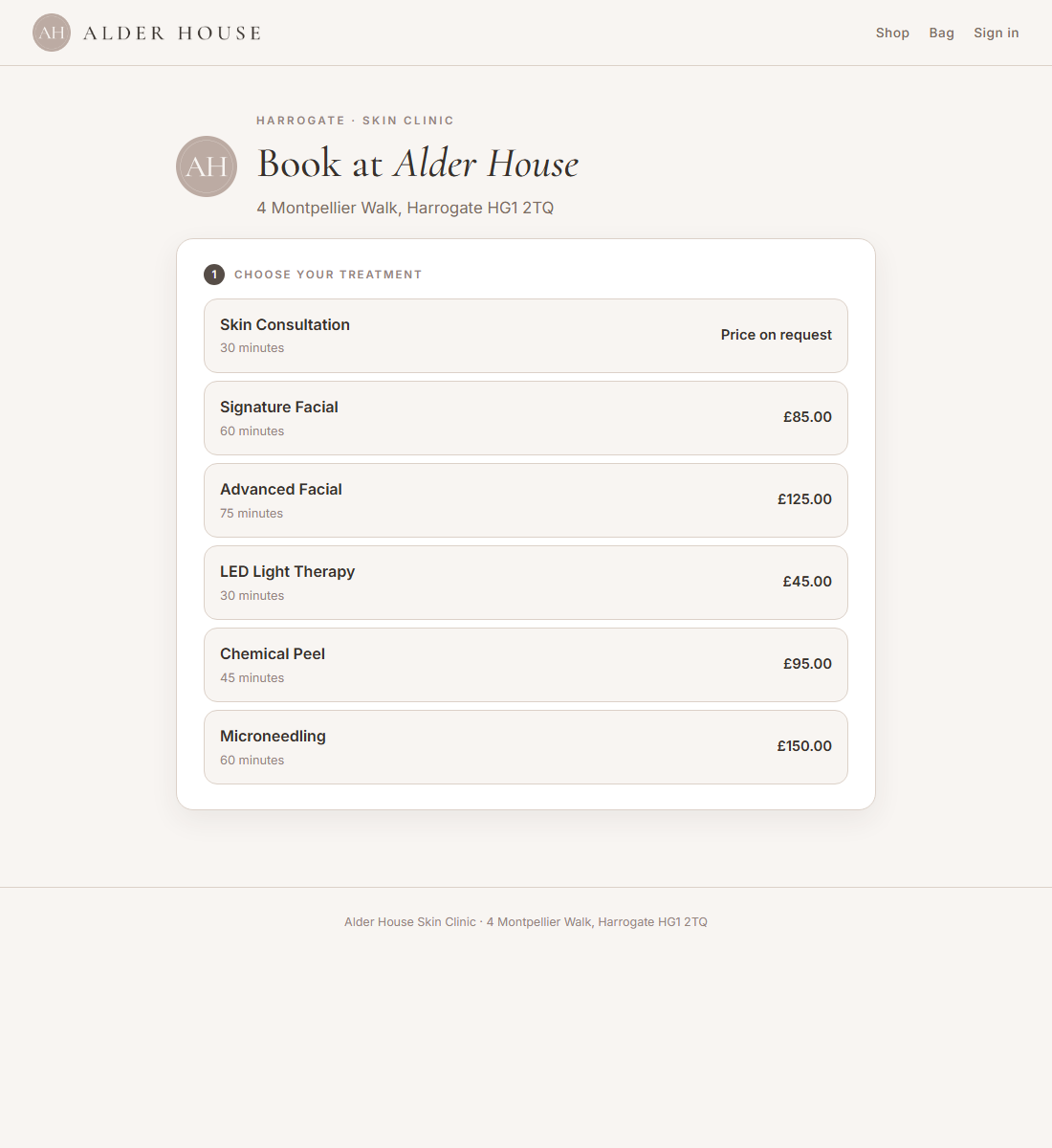 The public booking page: choose a treatment