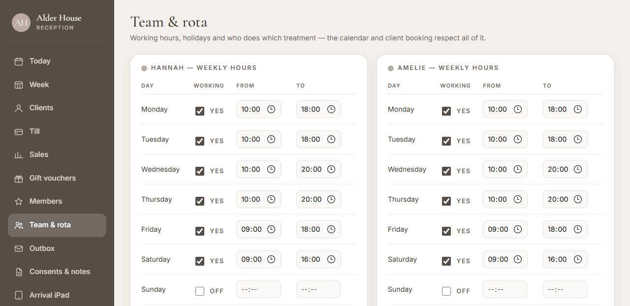 Team and rota: weekly hours per therapist